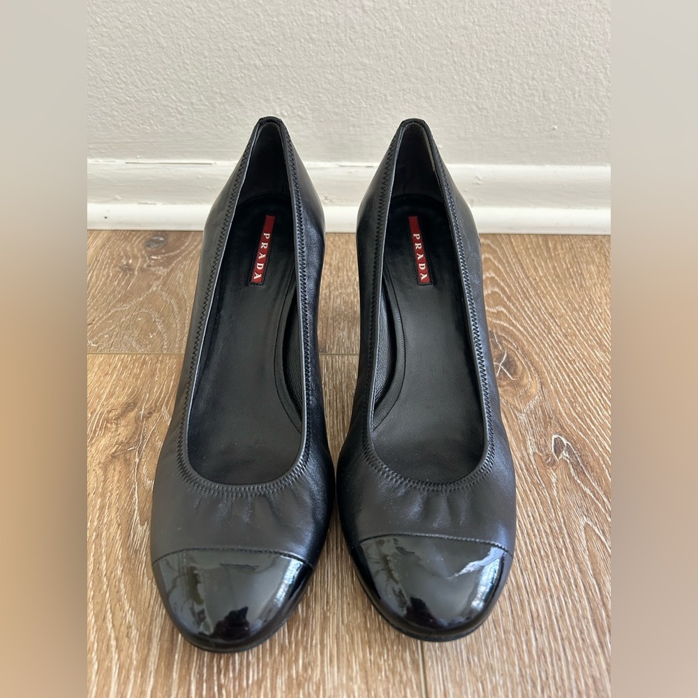 Prada Black Leather Pumps with Patent Cap Toe
